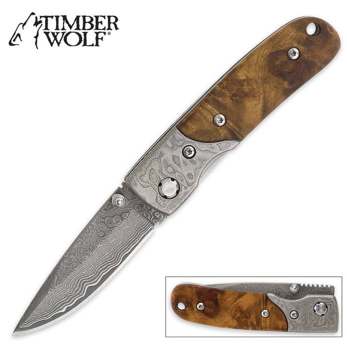 Timber Wolf Custom Damascus Pocket Knife