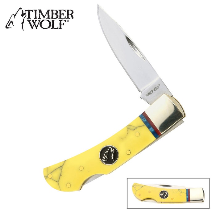 Timber Wolf Yellow Turquoise Lockback Folding Knife
