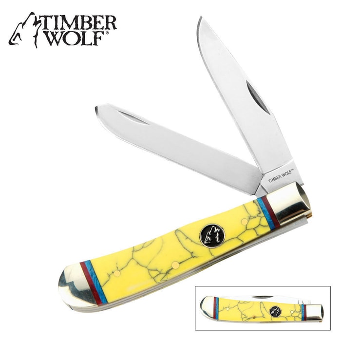 Timber Wolf Yellow Turquoise Trapper Pocket Knife