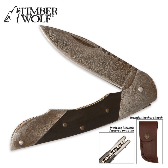 Timber Wolf Damascus Filework Pocket Knife and Leather Sheath