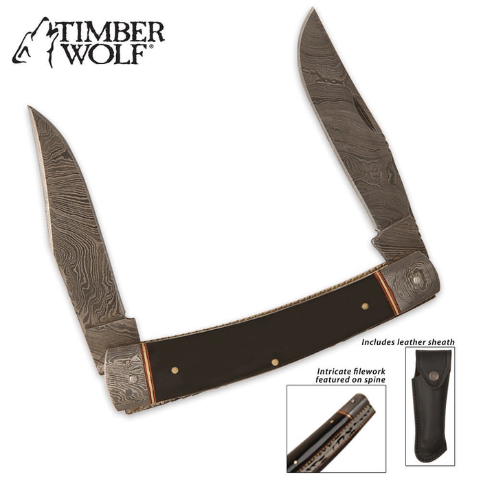Timber Wolf Damascus Trapper w/Leather Sheath
