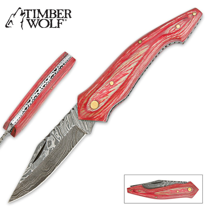 Timber Wolf Exotic Pale Pink Pakkawood & Damascus Steel Folding Pocket Knife