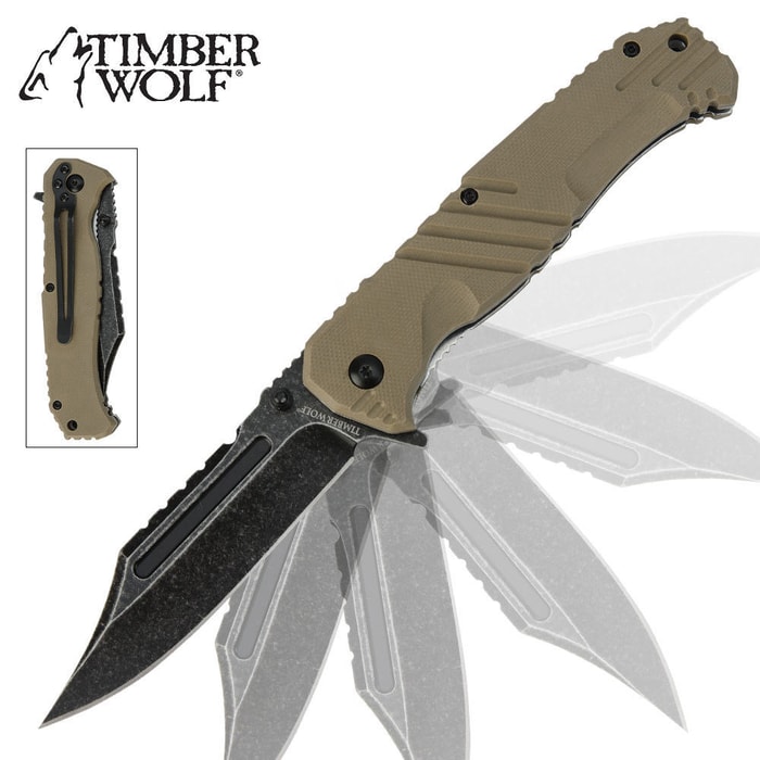 Timber Wolf Havoc Stonewash Assisted Opening Folding Pocket Knife Tan
