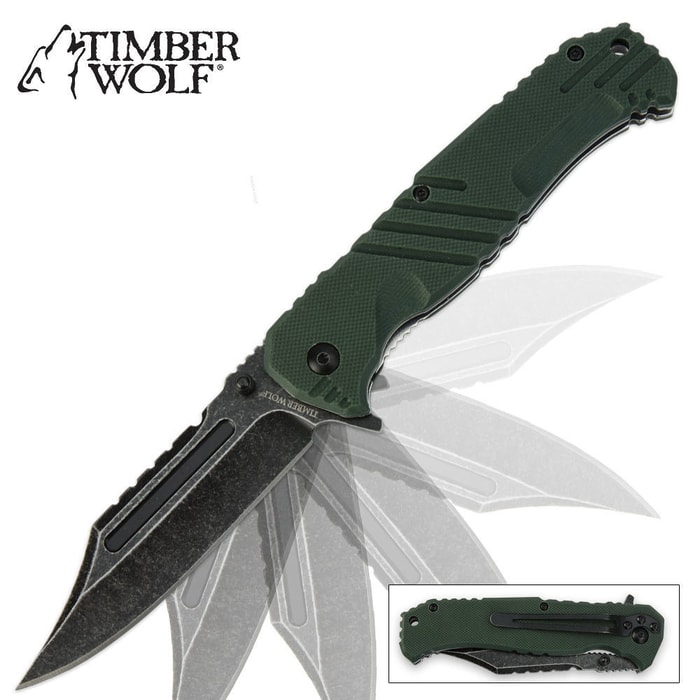 Timber Wolf Havoc Stonewash Assisted Opening Folding Pocket Knife Green