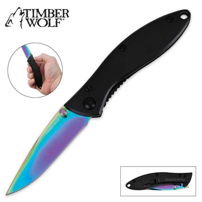 Timber Wolf Ti-Coated Rainbow Folding Pocket Knife with Black Handle