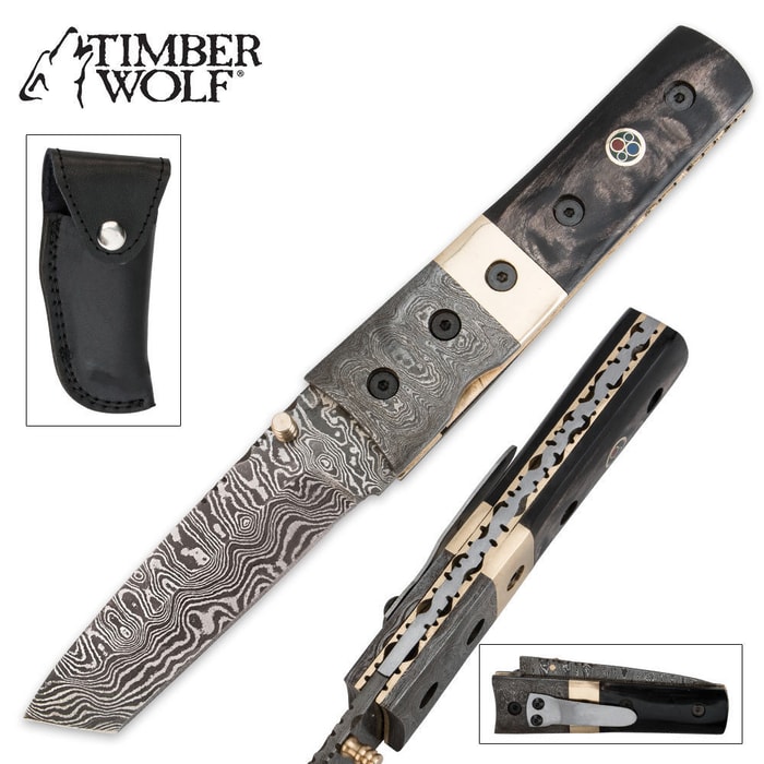 Timber Wolf Buffalo Horn And Damascus Tanto Point Pocket Knife