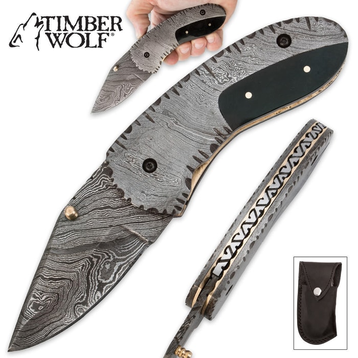 Timber Wolf Damascus & Buffalo Horn Folding Skinner Knife