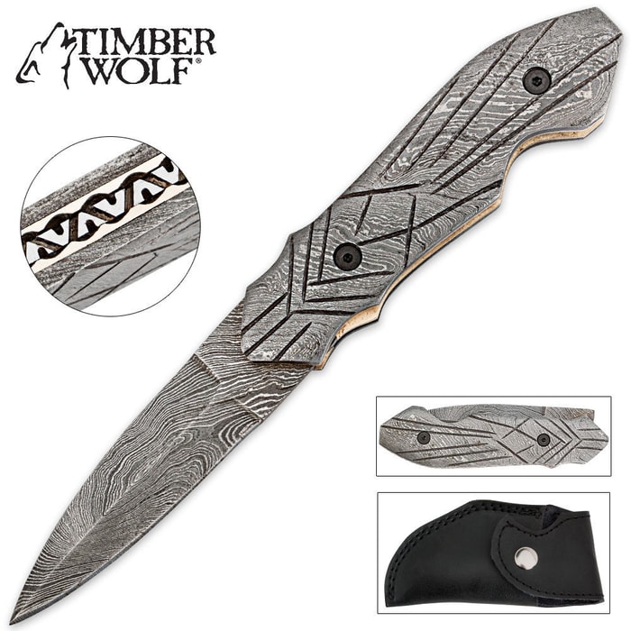 Timber Wolf Damascus Twist Spear Point Folding Pocket Knife With Sheath