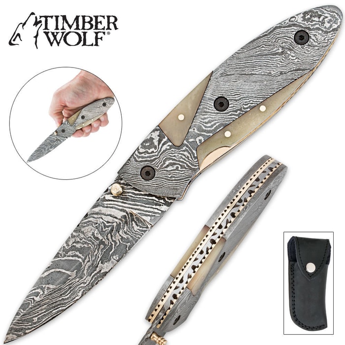 Timber Wolf Damascus & Buffalo Horn Folding Pocket Knife With Sheath
