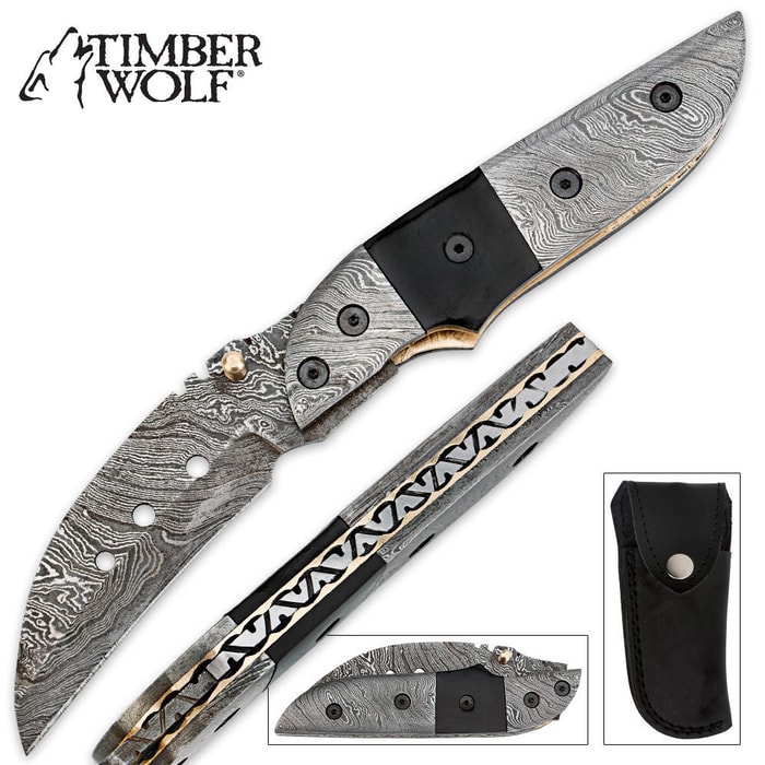 Timber Wolf Damascus & Buffalo Horn Hawk Bill Folding Pocket Knife With Sheath