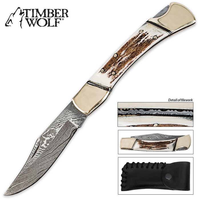 Timber Wolf Damascus & Stag Horn File Worked Folding Pocket Knife