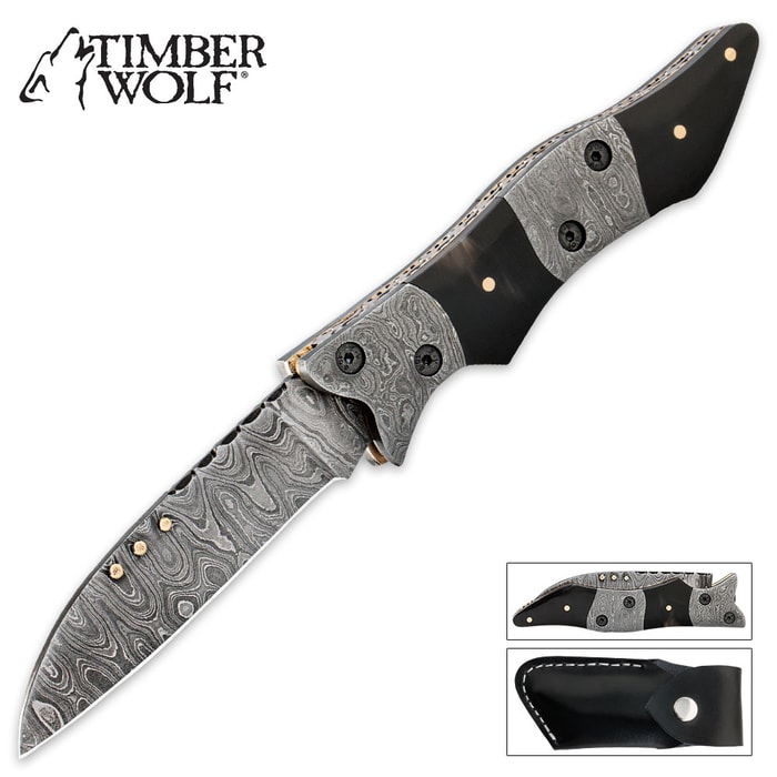 Timber Wolf Damascus & Black Wood Folding Pocket Knife