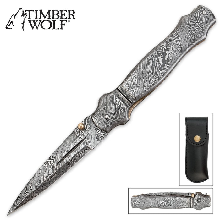 Timber Wolf Damascus Steel Spear Point Folding Pocket Knife 