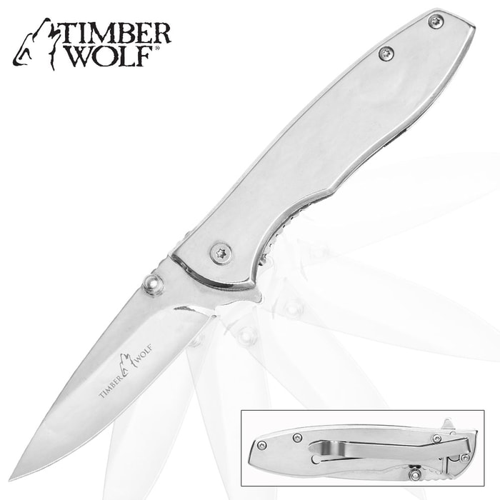 Timber Wolf Executive EDC Assisted Opening Pocket Knife has a 3” stainless steel blade and tough stainless steel handle with pocket clip.