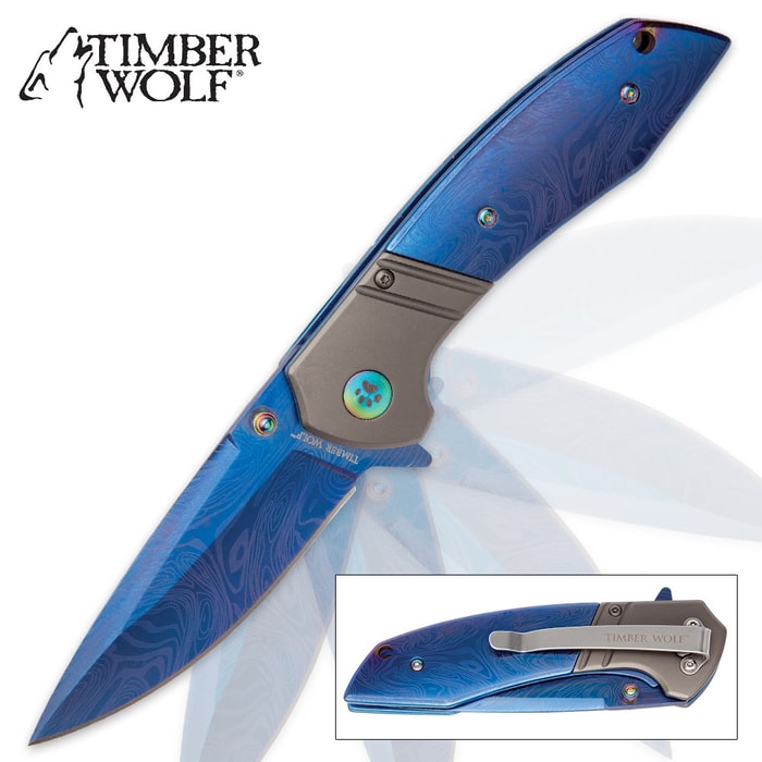 Timber Wolf Celestia Assisted Opening Pocket Knife - DamascTec Steel with Titanium Blue Finish