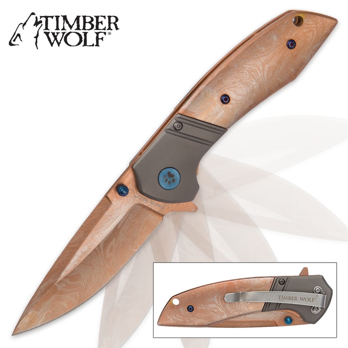 Timber Wolf Nebula Assisted Opening Pocket Knife - DamascTec Steel with Titanium Copper Finish