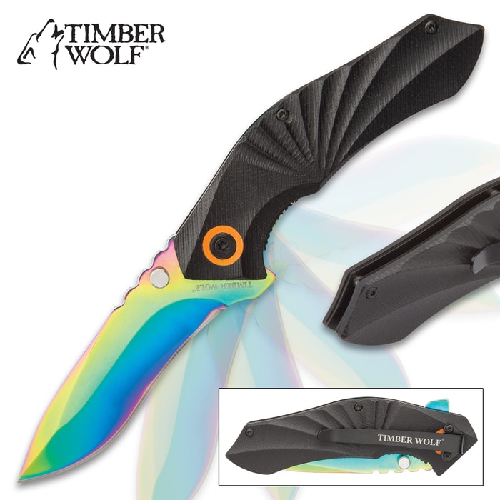 Timber Wolf Machina Assisted Opening Pocket Knife - Rainbow Blade / Black G10 Handle
