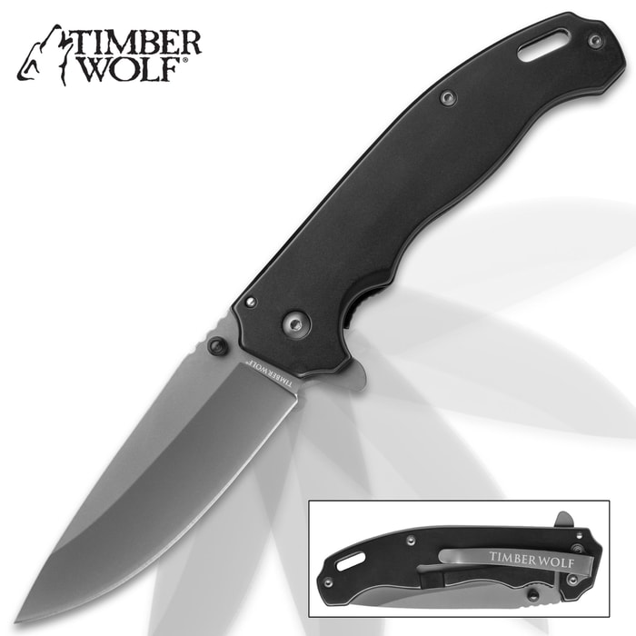 Timber Wolf Grey Tactical Titanium Pocket Knife - Stainless Steel Blade, Titanium Coating, Aluminum Handle, Thumbstuds - Length 4 3/4”