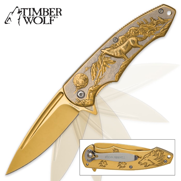 Timber Wolf Moonlight Hunter Assisted Opening Pocket Knife - Gold