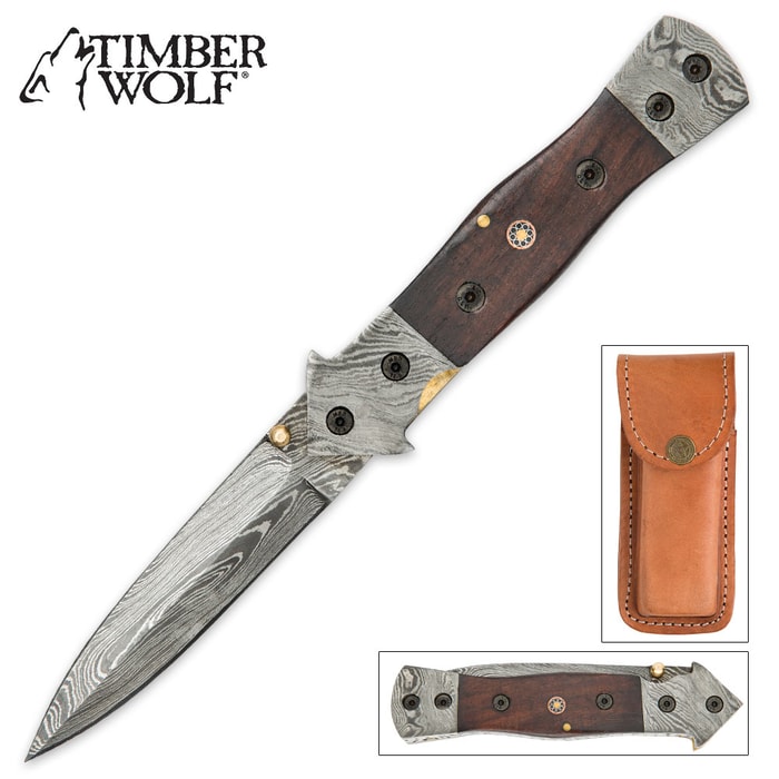 Timber Wolf Arrow Wood Damascus Pocket Knife