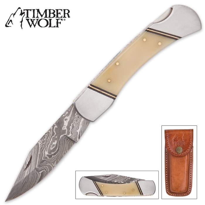 Timber Wolf Moonshadow Damascus Pocket Knife with Genuine Leather Sheath - Camel Bone Handle Scales