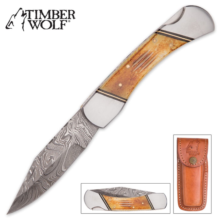 Timber Wolf Wrangler Damascus Pocket Knife with Genuine Leather Sheath - Jigged Burnt Camel Bone