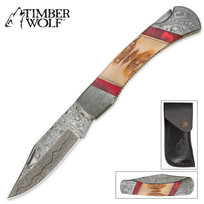 Timber Wolf Filework Stag Bone Pocket Knife
