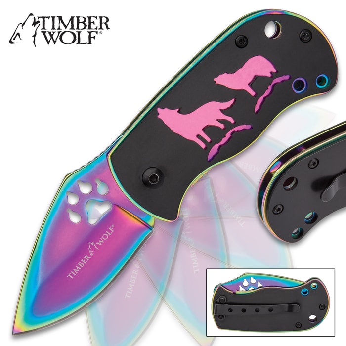 Timber Wolf Pack Leader Assisted Opening Pocket Knife Folder - Rainbow Blade Finish, Paw Print Cutout, Flipper, Liner Lock - Black Anodized Handle Howling Wolves Full Moon; Pocket Clip, Lanyard Hole