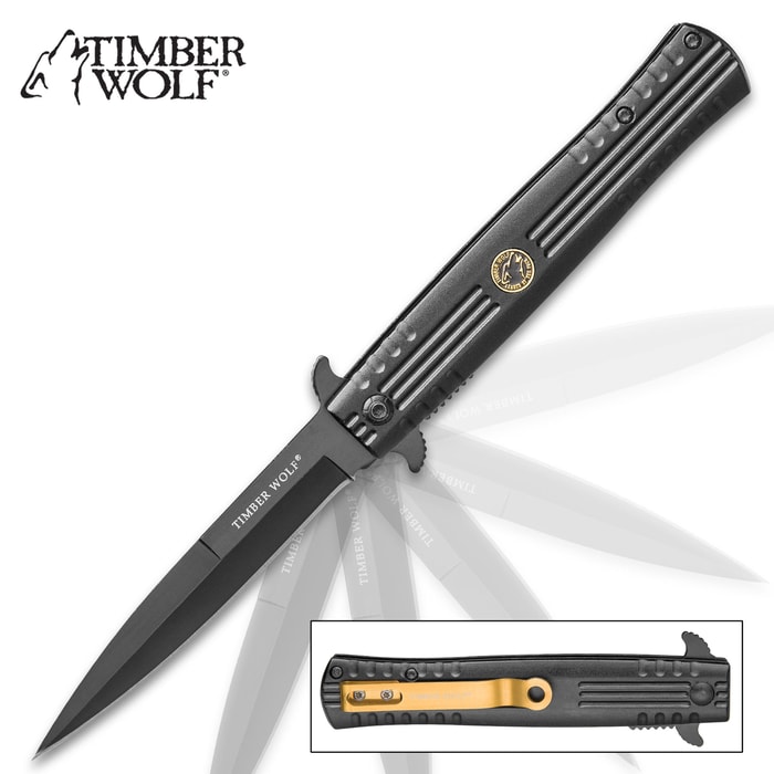 Timber Wolf Covert Operation Stiletto Knife - Black Stainless Steel Blade, Ridged Aluminum Handle, Assisted Opening, Pocket Clip