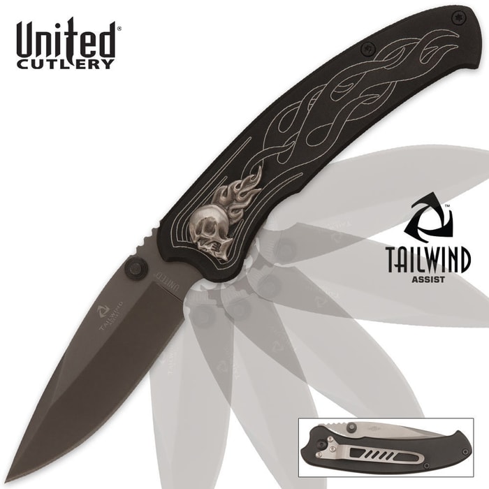 United Cutlery Tailwind Assisted Opening Nova Skull Black Plain Pocket Knife
