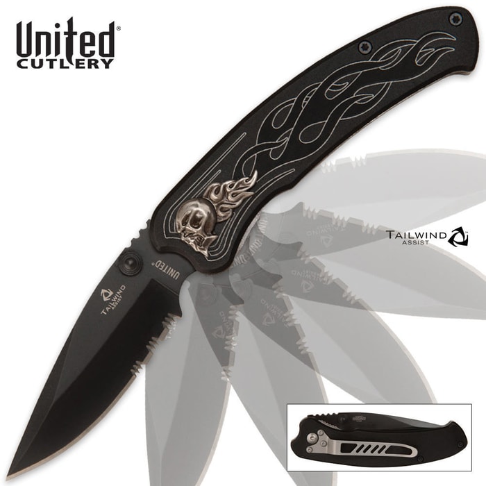 United Cutlery Tailwind Assisted Opening Nova Skull Black Serrated Pocket Knife