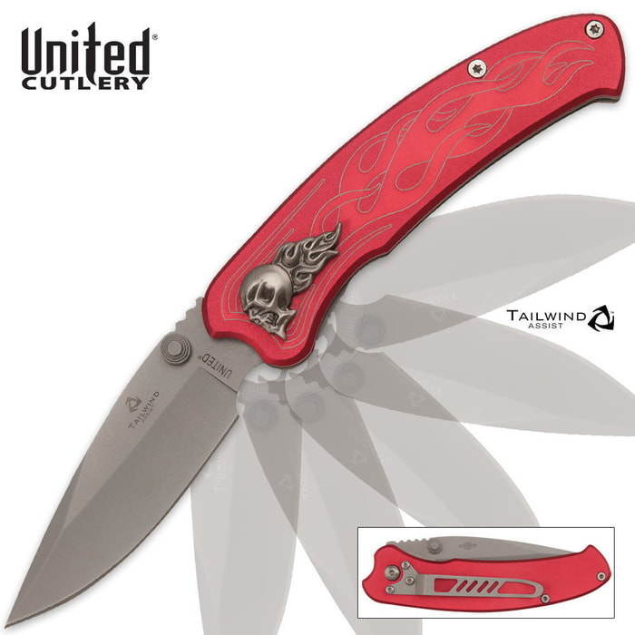 United Cutlery Tailwind Assisted Opening Nova Skull Red Plain Pocket Knife