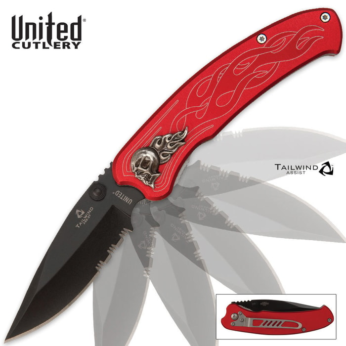 United Cutlery Tailwind Assisted Opening Nova Skull Red Serrated Pocket Knife