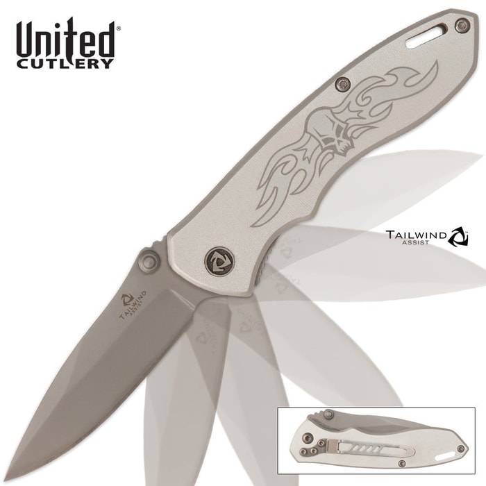 United Cutlery Tailwind Assisted Opening Mini Nova Skull Pocket Knife Silver