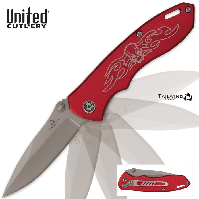 United Cutlery Tailwind Assisted Opening Mini Nova Skull Pocket Knife Red