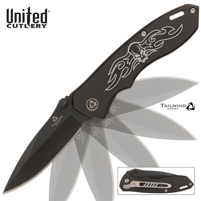 United Cutlery Tailwind Assisted Opening Mini Nova Skull Pocket Knife Black