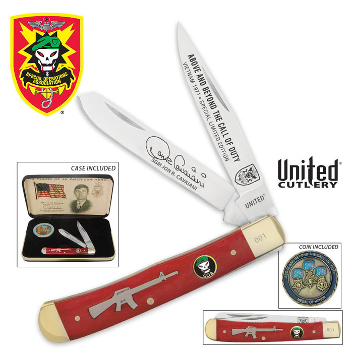 United Cutlery S.O.A. Medal Of Honor Cavaiani Trapper Pocket Knife & Coin Set