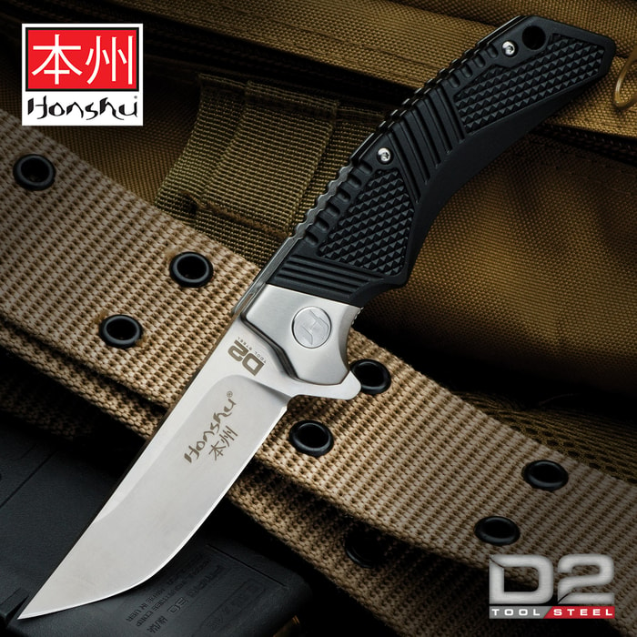 Honshu Premium Sekyuriti Ball Bearing Opening Pocket Knife - D2 Tool Steel Blade, TPU Handle Scales, Steel Pocket Clip