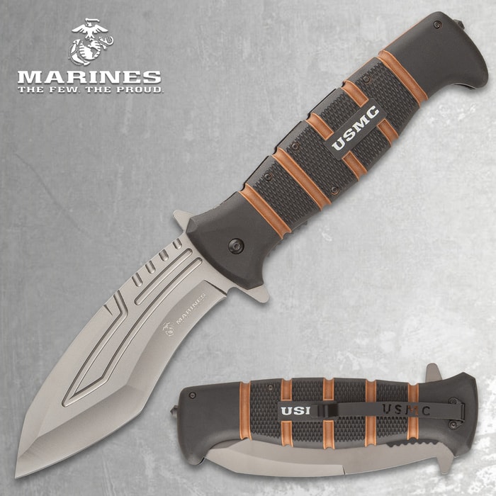 Officially licensed by the United States Marine Corps, the monster-sized USMC Maximum Assisted Opening Pocket Knife is built for hard use and tough missions