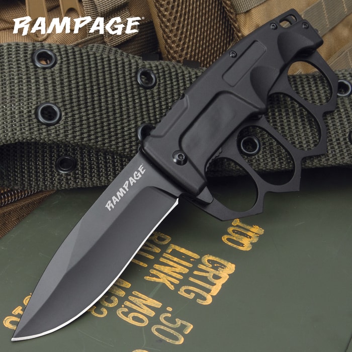 The Rampage Trench Folding Knuckle Knife shown on display in its deployed position