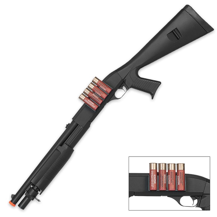 Spring-Powered Airsoft Shotgun with Full Stock - Includes Four Shotgun Style Shells, Shell Clip, Shoulder Sling, Speed Loader, Instruction Manual, Cleaning Rod