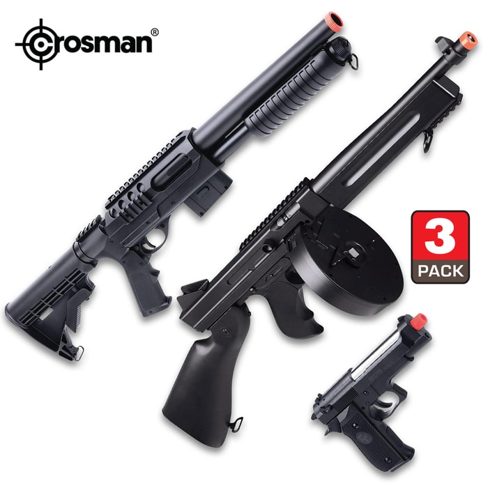 Crosman Game Face Triple Threat Air Soft Gun Kit - Includes Submachine Gun, Voodoo Shotgun, Recon Pistol - Metal Alloy And Synthetic, Spring and Battery Powered