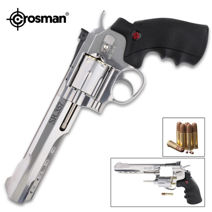 Crosman SR357 Revolver Air Gun - Full Metal Construction, Six-Shot Cylinder, Reusable Cartridges, Adjustable Rear Sight
