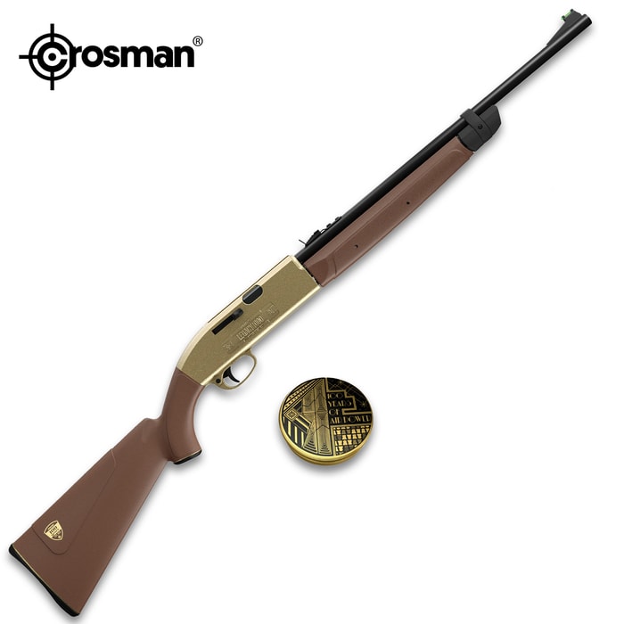 An image of the 100 year anniversary gold edition of Crosman 1000 pellet rifle in .177 caliber.