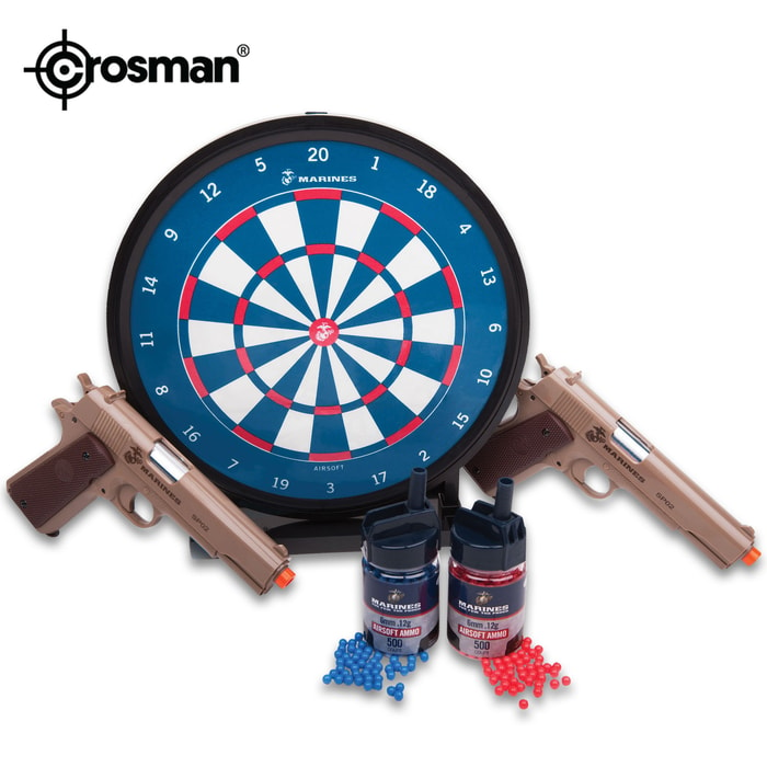 Crosman Marines Challenge All-in-One Airsoft Kit - 2 Spring Powered Pistols, Glock Style, 325 fps, 12-Round Magazines; 1,000 6mm, .12g BBs; Target - USMC Licensed - Competition, Practice, Family Fun