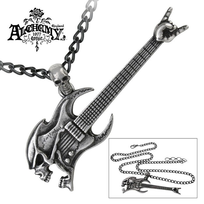 Skull Head Guitar English Pewter Necklace