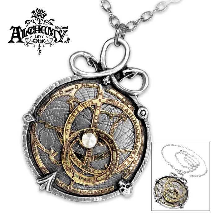 Working Astrolabe Necklace Of English Pewter And Brass Inlay