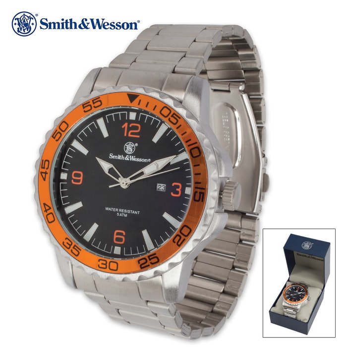 Smith & Wesson Agent Neptune UDT Dive Watch - Stainless Steel Link Bracelet - Orange Bezel