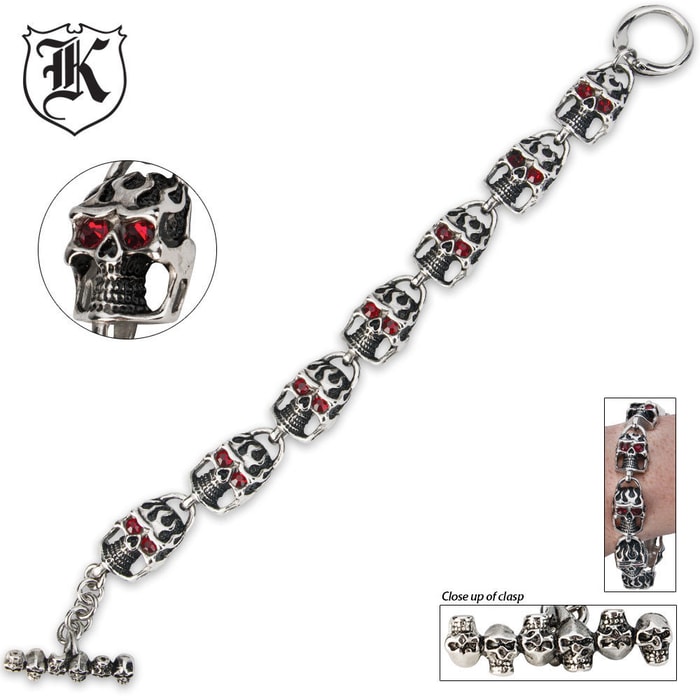 Ruby Red Eyed Skull Bracelet With Toggle Clasp