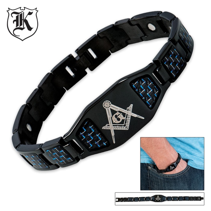 Stainless Steel Masonic Blue Carbon Fiber Bracelet
